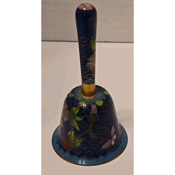 Vintage Blue Floral Enamel Brass Cloisonné Bell 3.5” Chinese Metal - Picture 2 of 12